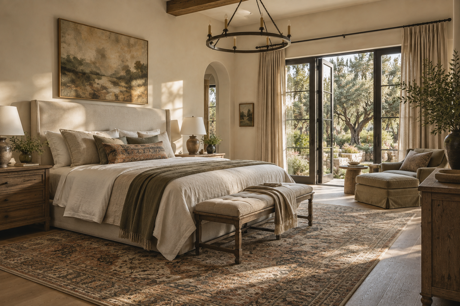 Serene bedroom opening onto a sunlit California garden