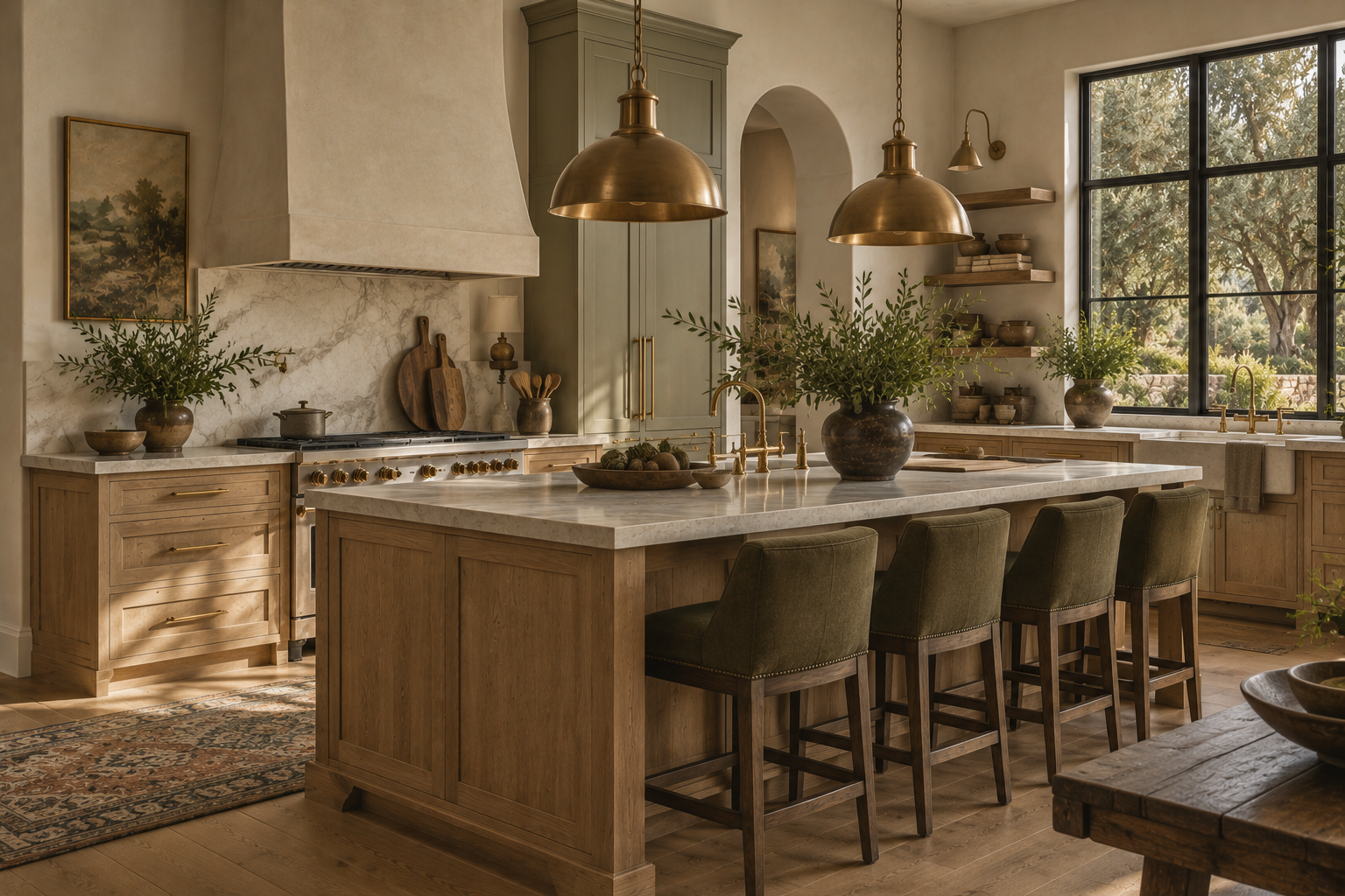 Warm, light-filled kitchen with a marble island and aged brass pendants